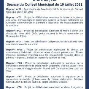 Ordre du jour du Conseil Municipal du lundi 19 juillet 2021